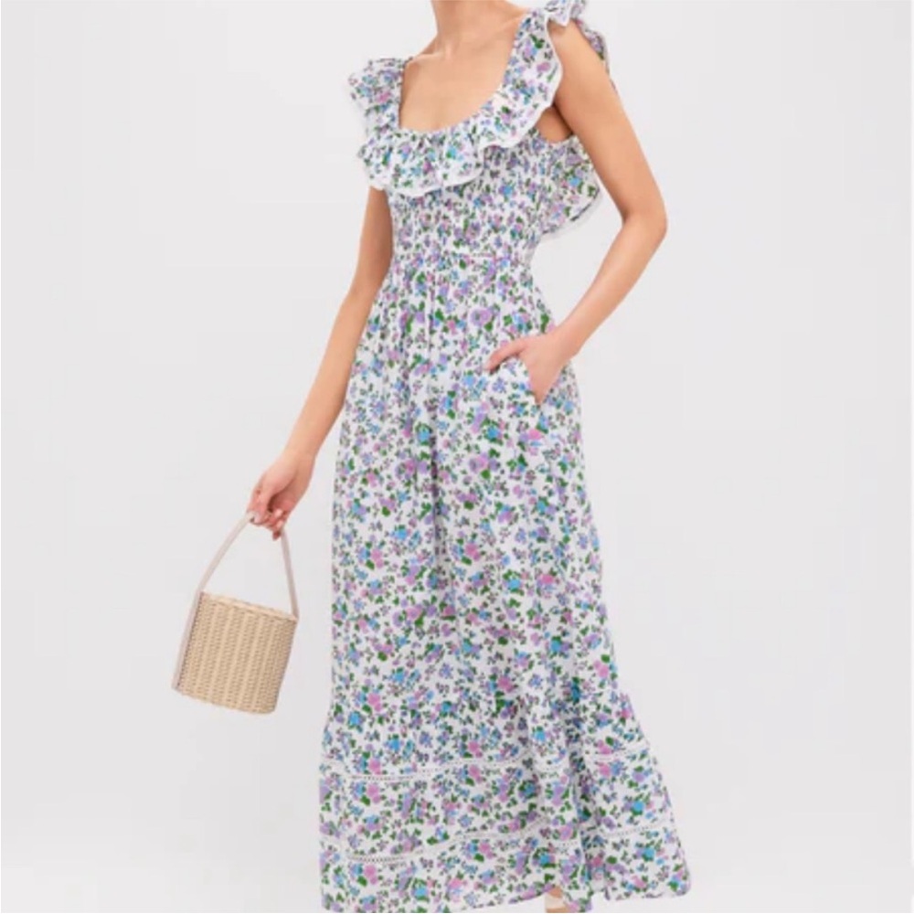 PINK CITY PRINTS Women's Susie Ditsy Floral Lavender Ruffle Maxi Dress XS NWOT - Picture 3 of 6